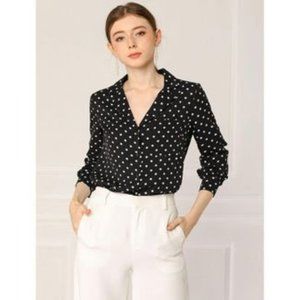 long sleeved button up with asymmetrical polka dots
